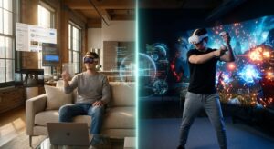 آزمایشگاه آیندهنگر با حضور متخصصان در حال کار با هولوگرام و فناوریهای نوین، به همراه محیطی برای تجربه XR Gaming پیشرفته زیر نورپردازی نئونی